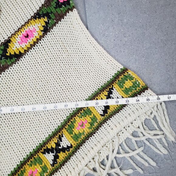 VTG Flamingo Womens Knit Poncho Aztec Fringe Sweater BOHO Indie Cape Free Size - Picture 8 of 8